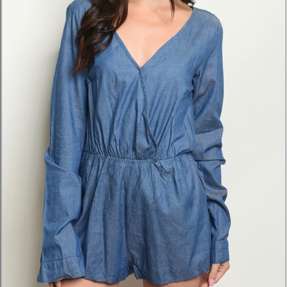 Blue Denim Lace Back Romper - Picture 1 of 2